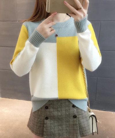 Candy-colored Pullover Women’s Color Matching Long-sleeved Sweater