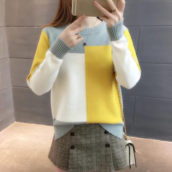 Candy-colored Pullover Women's Color Matching Long-sleeved Sweater