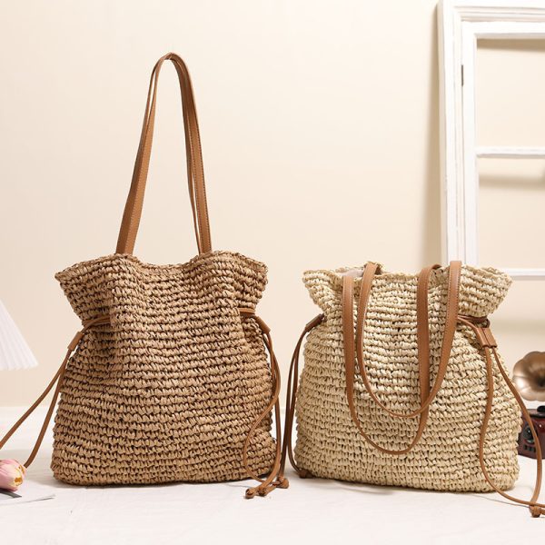 Large Capacity Straw Bag Drawstring Hand-carrying Knitting Shoulder Bag - Image 4