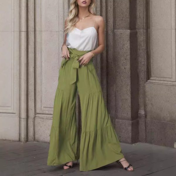 Women's Fashion Tie Elastic Waist Pleated Wide-leg Pants - Image 2