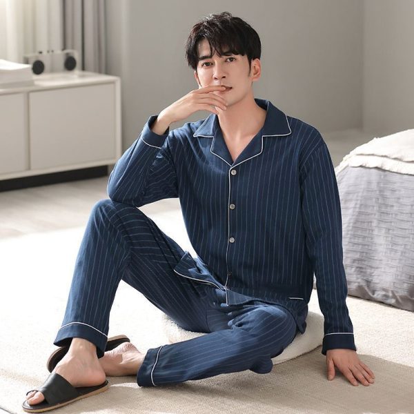 Men's Autumn And Winter Cotton Long-sleeved Trousers Thin Pajamas Loose Home Wear Suit Men - Image 4