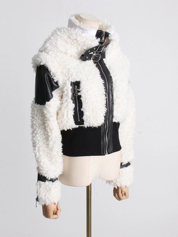 Women's Lamb Wool Stitching PU Leather Zipper Jacket - Image 5