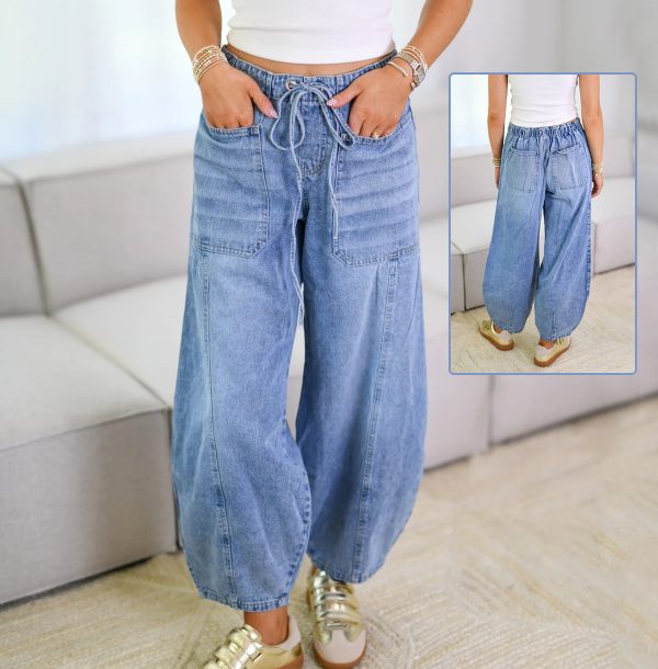 Fashion Lace-up Jeans Pants With Pockets Casual Loose Trousers For Women