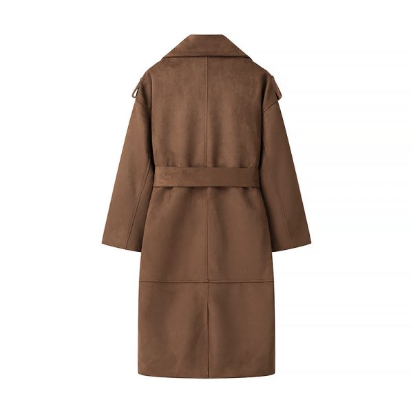 European And American Style Deerskin Velvet Lapel Double Breasted With Belt Trench Coat - Image 2