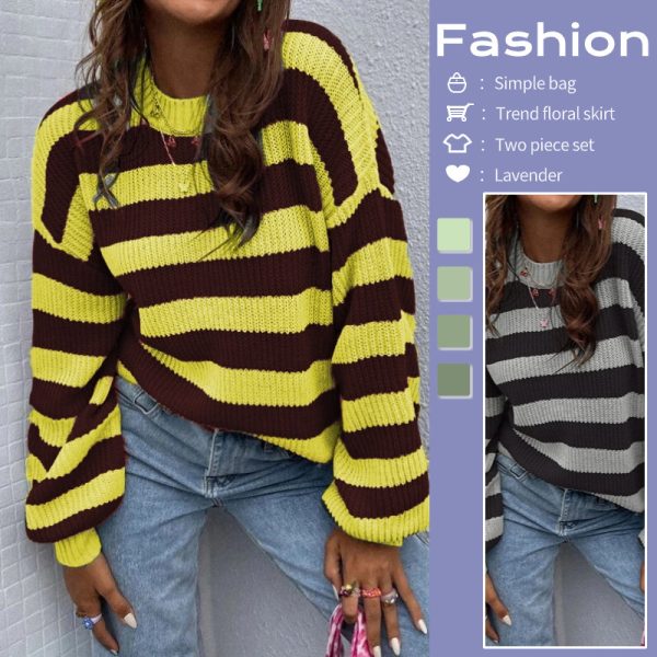 Autumn And Winter New Contrast Color Loose Shoulder Striped Pullover Sweater - Image 3