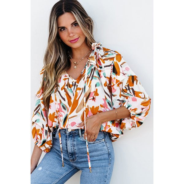 European And American Fashion Colorblock Printed V-neck Chiffon Shirt Women - Image 4