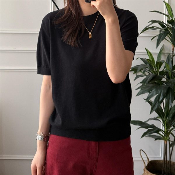 Pure Color Cotton Spun Yarn Knitwear Short Sleeve - Image 5