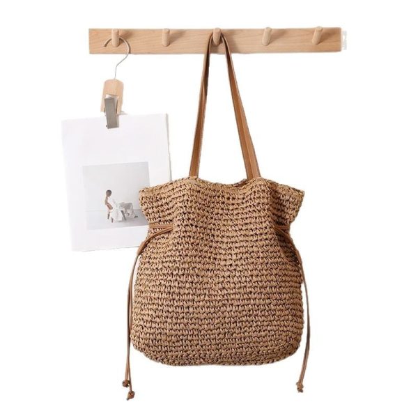 Large Capacity Straw Bag Drawstring Hand-carrying Knitting Shoulder Bag - Image 7