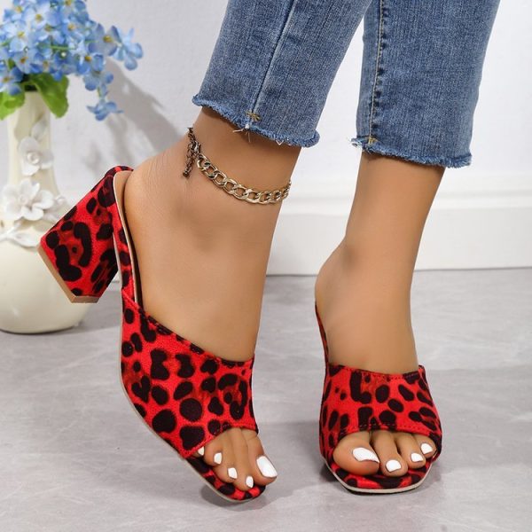 Leopard Square Toe Sandals Summer High-heeled Slippers Chunky Heel Shoes For Women - Image 5