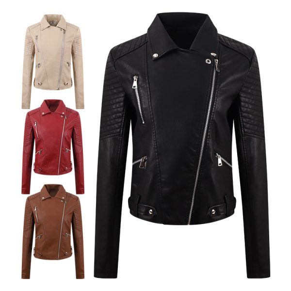 PU Women's Short Leather Oblique Pull Slim Motorcycle Clothing Washed Leather Jacket