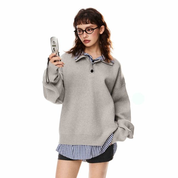 False Two-piece Patchwork Polo Collar Sweater Women's Loose Sweater - Image 2