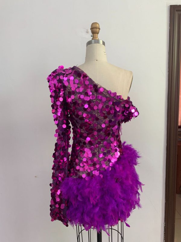 Purple Sequined Feather Skirt One-shoulder Sleeve Short Dress Luxury Party Stage Performance Dress - Image 6