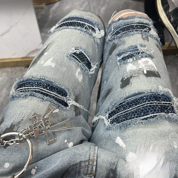 Handmade Splash-ink Blue Diamond Ripped Jeans - Image 2