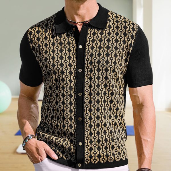 Summer Tencel Short-sleeved Sweater Lapel Jacquard Cardigan For Men - Image 6