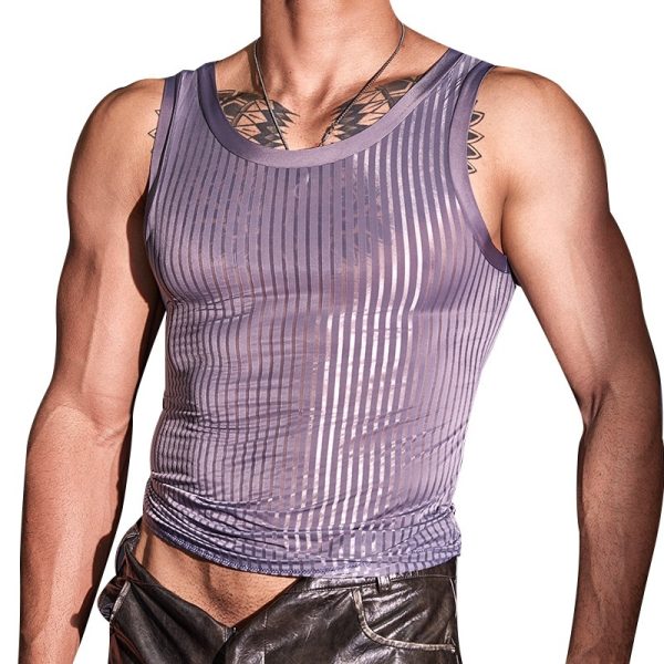 New Men's Cross-strap Vest Striped Thin Transparent High Elastic Skin-friendly Top - Image 5