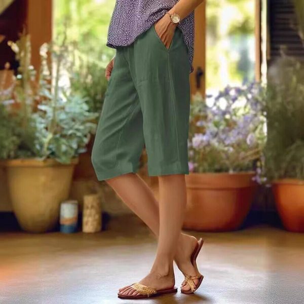 Women's Cotton And Linen Loose Elastic Waist With Pocket Straight-leg Pants - Image 2