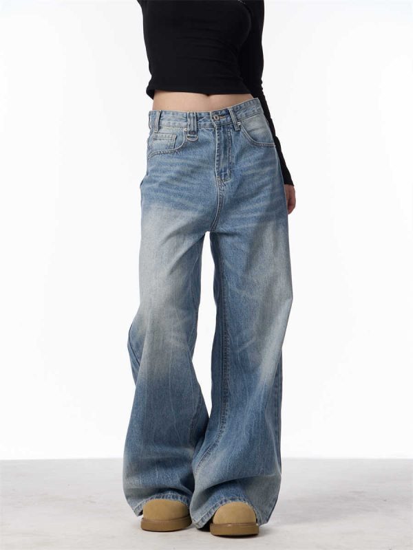 Retro Worn Looking Washed-out Jeans Women's Loose Straight Wide-leg Pants - Image 3