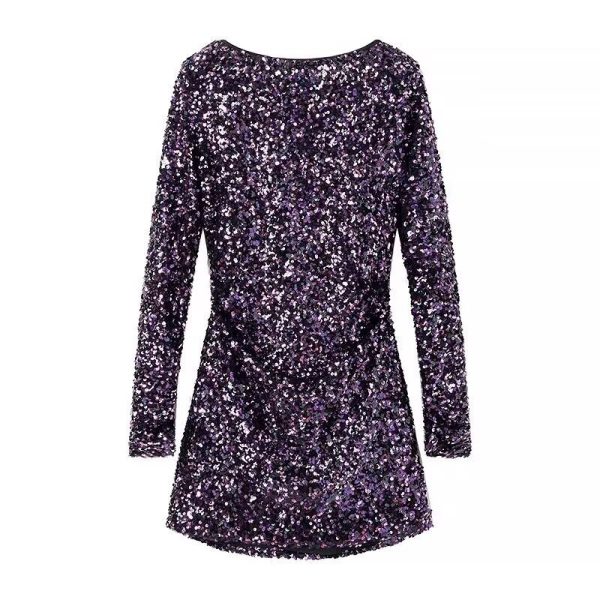 French Style Retro Crew Neck Long Sleeve Sequined Backless Dress - Image 7