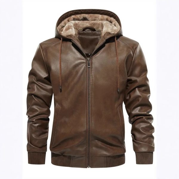 Winter Fleece-lined Men's Casual All-matching Hooded Leather Coat Coat - Image 5