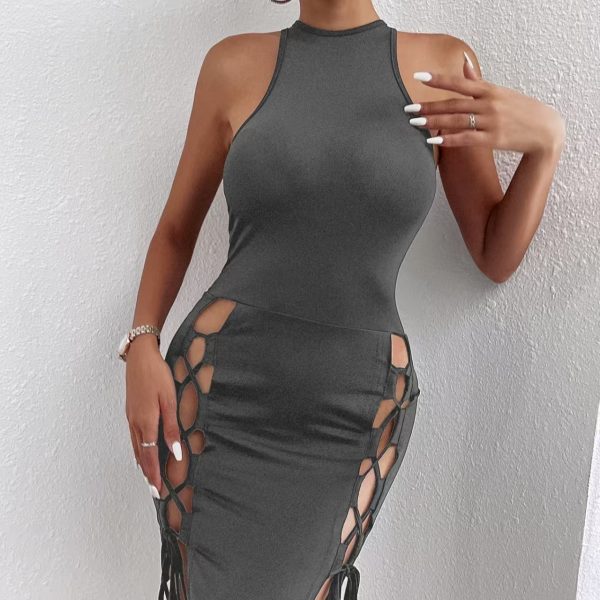 Women's Solid Color Sleeveless Skirt With Slit And Cross Tie, Sexy Tight Fitting Hip Hugging Dress, Short Skirt - Image 5