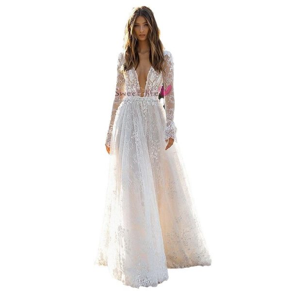 Women's Wedding Dress Lace Long Sleeve Dinner Party Gown - Image 5