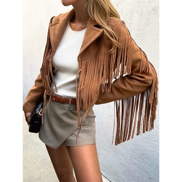 Genuine Leather Sheepskin Suede Lapel Tassel Motorcycle Short Jacket - Image 2