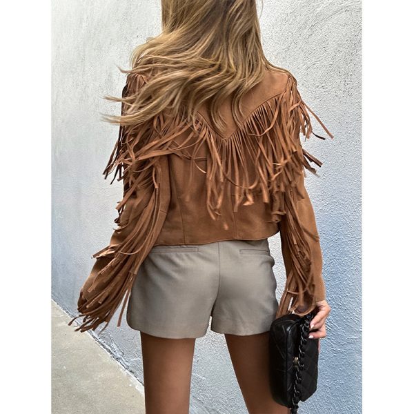 Genuine Leather Sheepskin Suede Lapel Tassel Motorcycle Short Jacket - Image 5