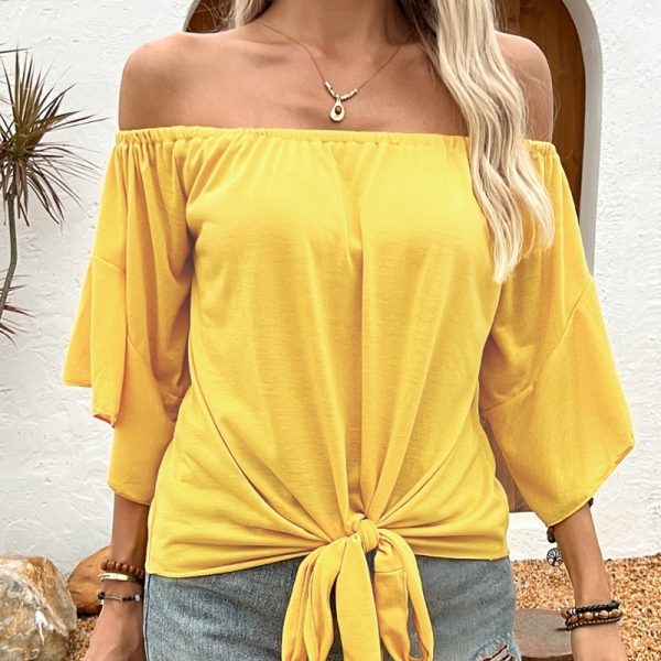 Summer Fall Women's Clothing Solid Color Off-shoulder Casual T-shirt Top