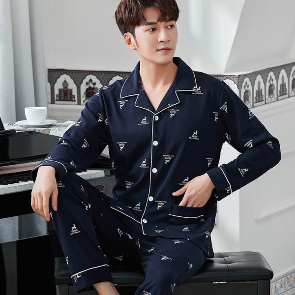 Men's Autumn And Winter Cotton Long-sleeved Trousers Thin Pajamas Loose Home Wear Suit Men - Image 9