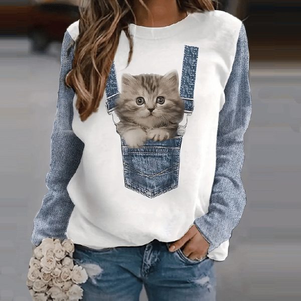 Loose Cat 3D Digital Printing Long Sleeve Crew Neck Sweater Women - Image 2