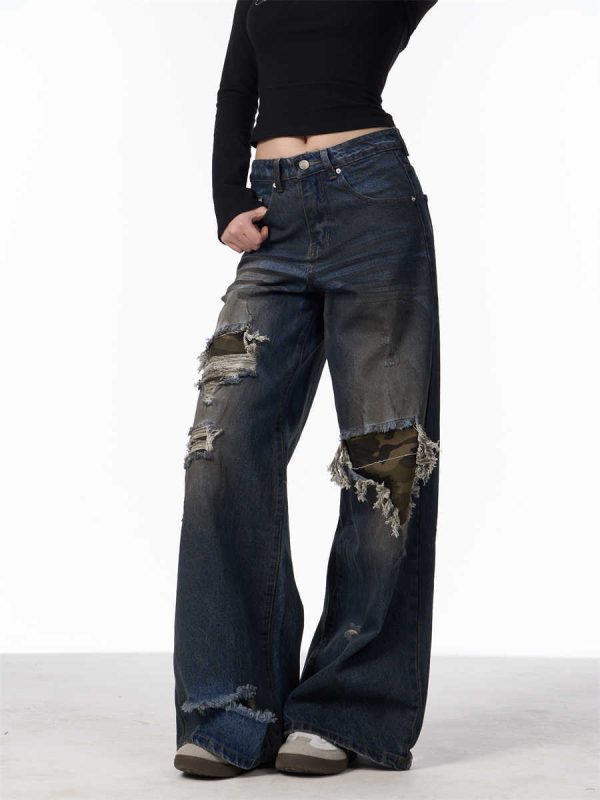 Distressed Camouflage Patch Ripped Jeans Women Loose Straight-leg Wide-leg Pants - Image 2