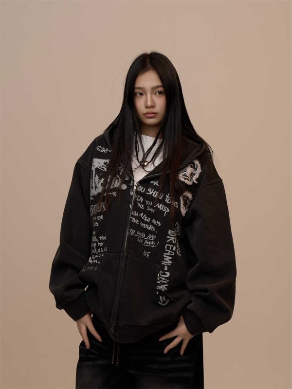 Sweater Women's Letter Printed Black Hooded Zipper Coat - Image 5