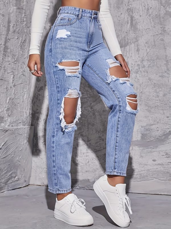 Casual High Waist Ripped Denim Trousers - Image 5