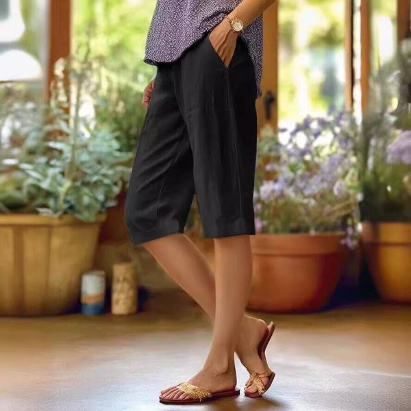 Women's Cotton And Linen Loose Elastic Waist With Pocket Straight-leg Pants - Image 7