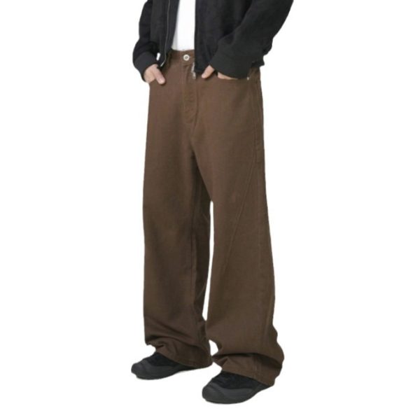 Washed Cotton Retro Brown Straight-leg Trousers - Image 2