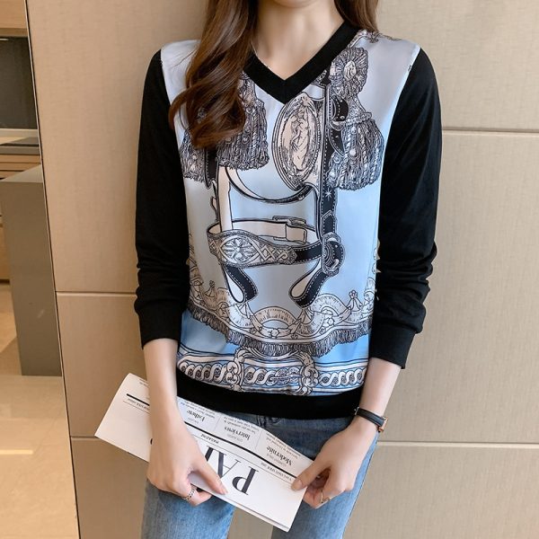 Patchwork Sweater Printed T-shirt Long Sleeve Pullover - Image 3