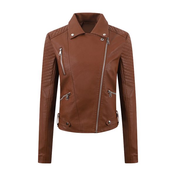 PU Women's Short Leather Oblique Pull Slim Motorcycle Clothing Washed Leather Jacket - Image 4