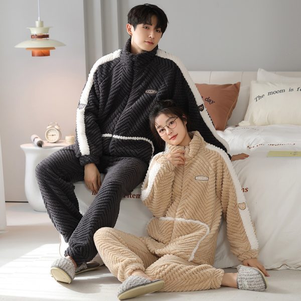 Flannel Couple Pajamas Men's Autumn And Winter Thickened Keep Warm New Zipper Cardigan Cute Coral Fleece Homewear - Image 4