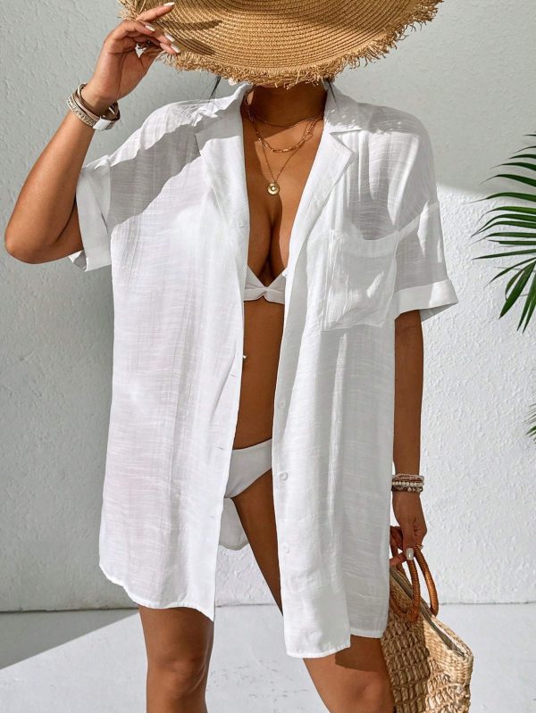 Women Simple Solid Color Short Sleeve Kimono Cover Up - Image 2