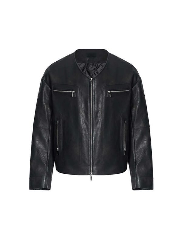 Niche V-neck Zipper Design Leather Coat For Men - Image 3