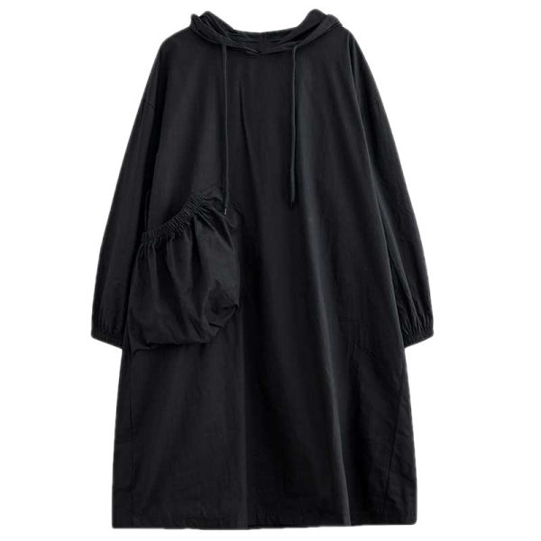 Korean Style Hooded Pullover Solid Color Plus Size Loose Pockets Large Swing Dress - Image 5