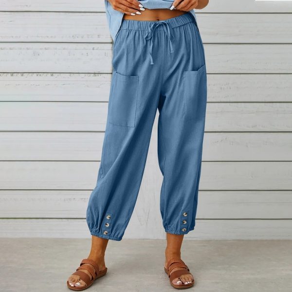 Loose High Waist Button Cotton And Linen Trousers Cropped Pants Wide Leg Women's Pants - Image 4