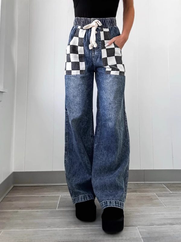 Loose Plaid Contrast Color Women's Denim Trousers - Image 6