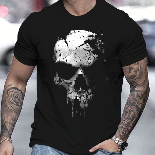 A Novel And Cool Top For Men To Wear Outdoors In Summer, Featuring A 3D Digital Shattered Skull Pattern And A Round Neck Short Sleeved T-shirt