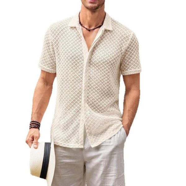 Fashion Solid Color Polo Collar Short Sleeve Mesh Shirt Tops Men Clothing - Image 5