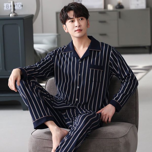 Men's Autumn And Winter Cotton Long-sleeved Trousers Thin Pajamas Loose Home Wear Suit Men - Image 3