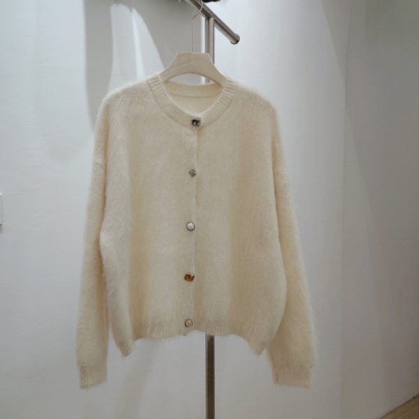 Round Neck Soft Sticky Mohair Knitted Cardigan Women's Long Sleeve Sweater Coat - Image 6