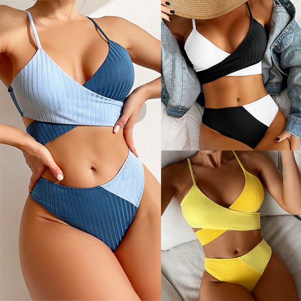 Bikini Patchwork Swimwear Ribbed Women's Swimsuit Knot Back Beachwear Ruched Butt Biquinis Bathing Suits - Image 2