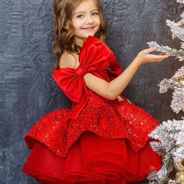 Girl's Princess Dress Red Tulle Tutu Skirt Sequined Bow - Image 2