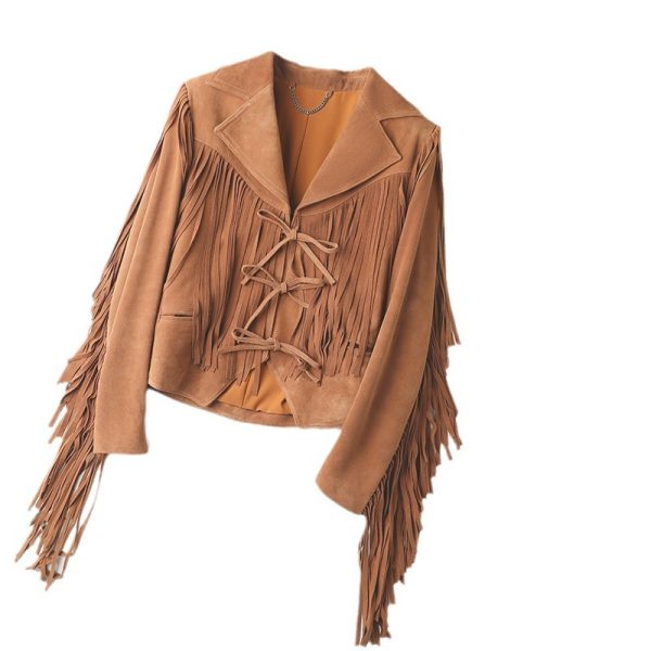 Genuine Leather Sheepskin Suede Lapel Tassel Motorcycle Short Jacket - Image 6